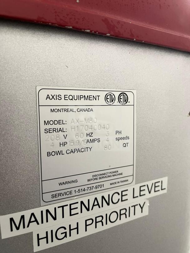 Axis AX-M80 80 Quart Commercial Mixer, 4 Speed, 4 HP. ETL listed. Model label visible, indicating high maintenance priority.