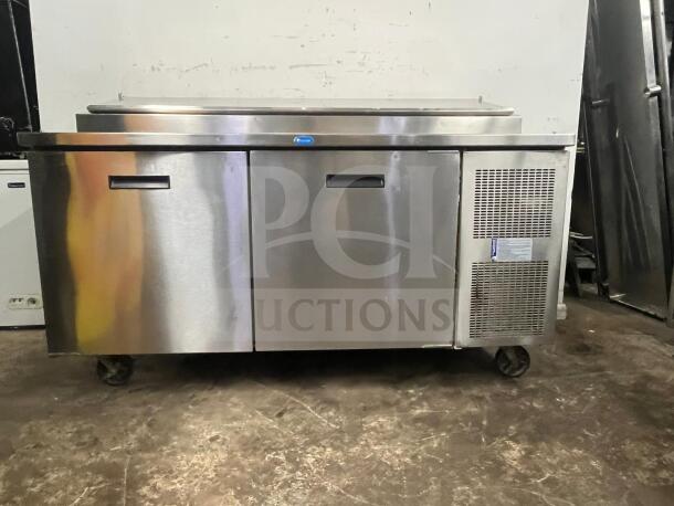 RANDELL 8268N 68" refrigerated pizza prep table, stainless steel, 2-section, 2 doors, 17.76 cu. ft., used condition.