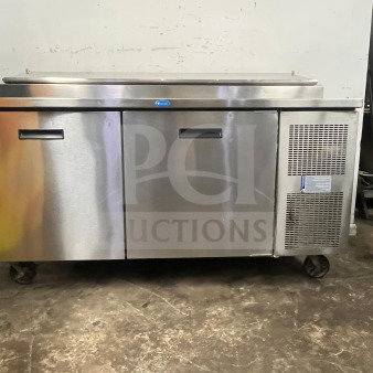 RANDELL 8268N 68" refrigerated pizza prep table, stainless steel, 2-section, 2 doors, 17.76 cu. ft., used condition.