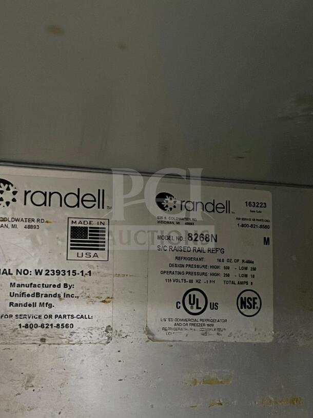 RANDELL 8268N refrigerated pizza prep table label showing model, design pressure, and refrigerant details.