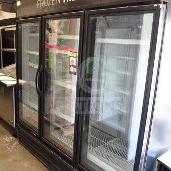 2017 True GDM-72F-HC 3-door reach-in freezer merchandiser, glass doors, "Frozen Treats" label, tested, working condition.
