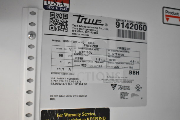 2017 True GDM-72F-HC Commercial Freezer label. Shows model, voltage, refrigerant R290, and manufacturing info.