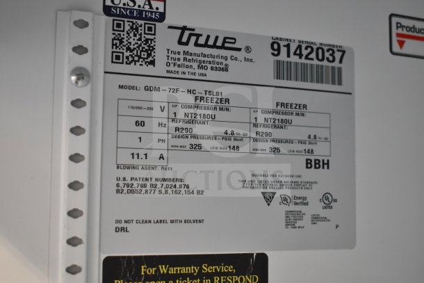 2017 True GDM-72F-HC 3 door freezer, commercial, 115/208-230V, tested, label details, refrigerant R290, working condition.