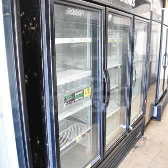 2017 True GDM-72-HC Commercial 3 Door Reach-In Cooler, 115 Volts, tested and working, glass doors, "Cold Drinks" labeled.