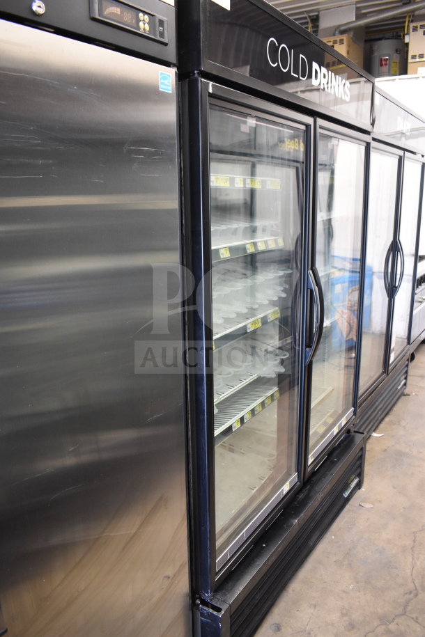 2017 True GDM-49-HC Commercial 2 Door Cooler Merchandiser, tested, working, 115V, 1 Phase, "Cold Drinks" signage.