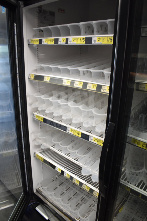 2017 True GDM-49-HC Commercial 2 Door Cooler, 115V, 1 Phase, tested working, empty interior with labeled shelving.