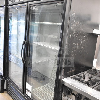 2019 True GDM-49-HC 2 door cooler merchandiser. Glass doors, metal shelves, black exterior. Tested, 115V, 1 phase.