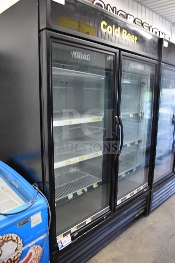 2019 True GDM-49-HC commercial 2-door reach-in cooler, tested and working, 115V, 1 phase, glass doors, black exterior.