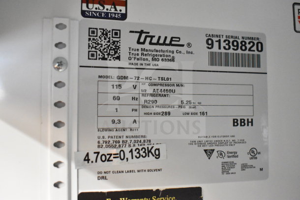 2017 True GDM-72-HC 3-door cooler label, 115 volts, 1 phase, R290 refrigerant. Serial 9139820, made in USA, tested working.