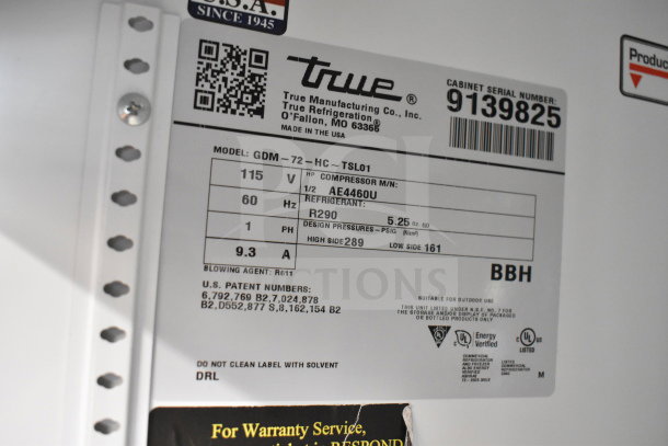2017 True GDM-72-HC Commercial 3 Door Cooler, 115V, 1 Phase, tested and working. Label shows model and compressor details.