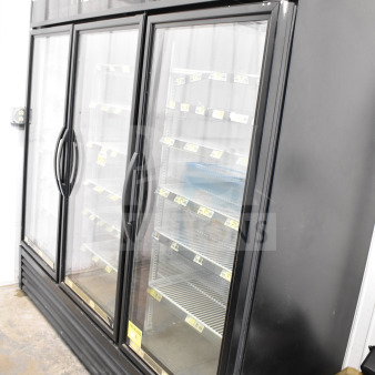 2018 True GDM-72-HC three-door cooler merchandiser. Tested, working, black exterior, glass doors, shelves, 115V, 1 phase.