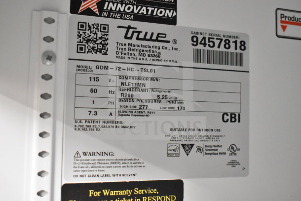 2018 True GDM-72-HC Commercial Cooler label showing model, 115V, 1 phase, R290 refrigerant, serial #9457818.