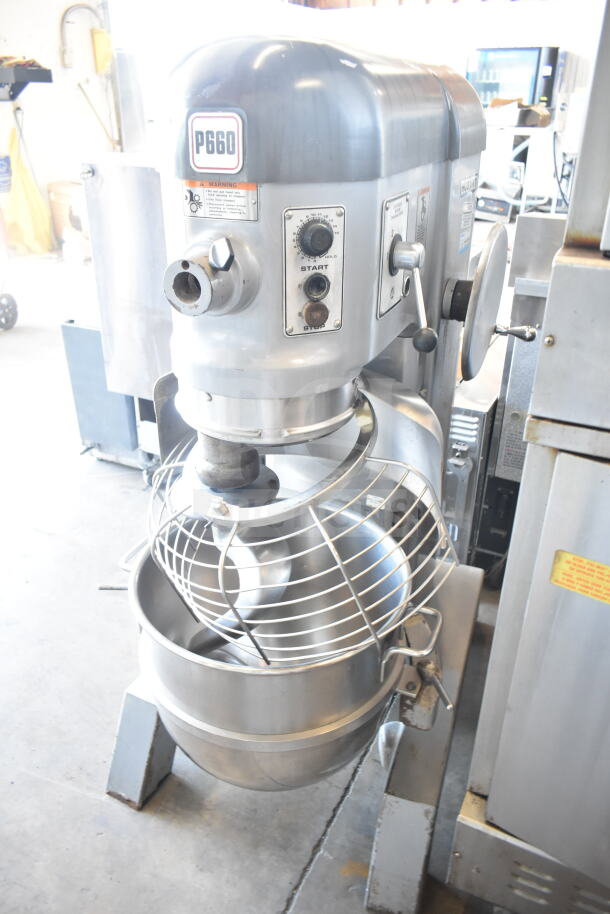 2025 Hobart P660 60 Quart Dough Mixer with bowl, guard, and hook. Excellent condition, 208-240V, 3 Phase. Model label visible.
