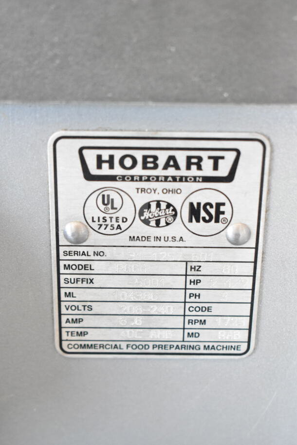 Hobart P660 commercial dough mixer label, 60 Hz, 208-240V, 3 phase, 2-1/2 HP, serial 31-1257-5001, made in USA.