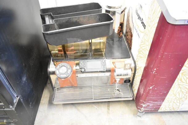 Thermoplan Mastrena stainless steel commercial espresso machine with LCD display, dual hoppers, steam wand; 208V, 1 phase.
