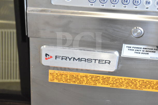 2021 Frymaster 3-bay electric fryer, model 3FQE30U0ZQ3ZZ14, with warning labels and controls visible.