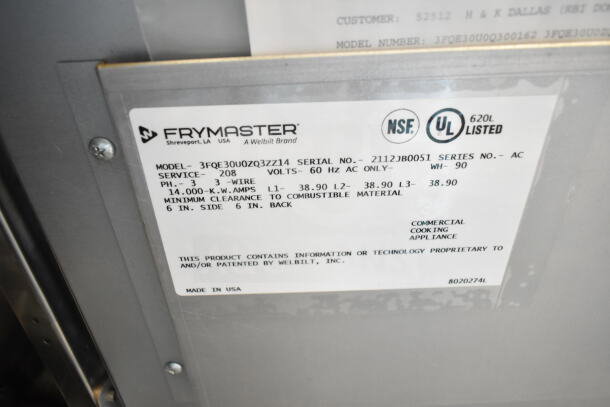 2021 Frymaster 3FQE30U0ZQ3ZZ14 Commercial Electric Fryer, 208V, 3-phase. NSF, UL listed label visible.
