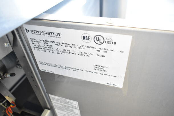 2021 Frymaster 3FQE30U0ZQ3ZZ14 commercial fryer label, 208V, 3 phase, NSF and UL listed for safety.