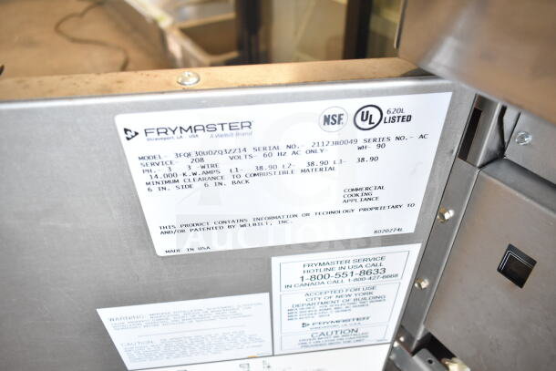 2021 Frymaster 3FQE30U0ZQ3ZZ14 electric fryer label, showing model, NSF, UL listings, and 208V, 3-phase details.
