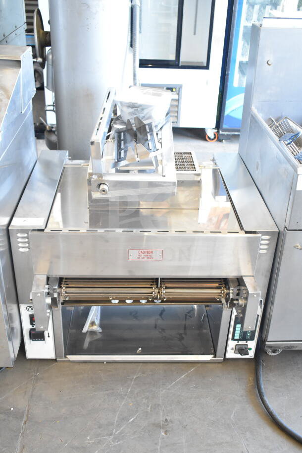 2021 Nieco JF93E electric conveyor charbroiler grill, stainless steel, BroilVection tech, 208V, 3 phase, caution label.