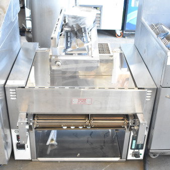 2021 Nieco JF93E electric conveyor charbroiler grill, stainless steel, BroilVection tech, 208V, 3 phase, caution label.