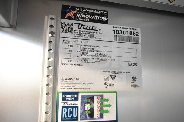 True T-23-2-HC Cooler label, showing 115 volts, 1 phase, R290 refrigerant. Includes serial number and RCU tech sticker.