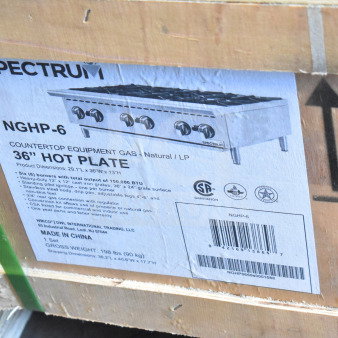 Brand new Spectrum NGHP-6 6-burner gas range, 36" wide, scratch and dent, in original packaging.