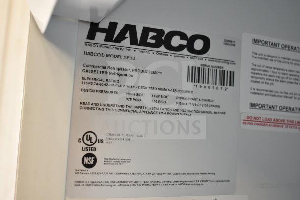 2019 Habco SE18 Commercial Cooler label showing model, electrical rating, and UL/NSF certifications.
