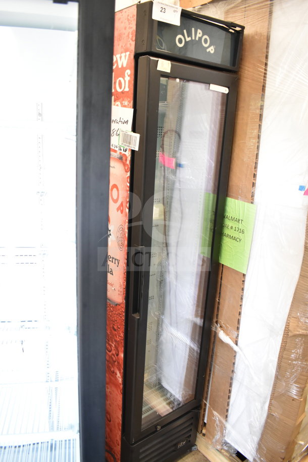 IDW G-11-C33EB cooler merchandiser; single door, glass front, branded "Olipop," 115V, 1 phase, excellent condition.