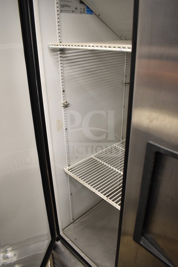 True T-35 Commercial 2 Door Reach In Cooler, 115 Volts, 1 Phase, shelves visible, clean interior, tags present.