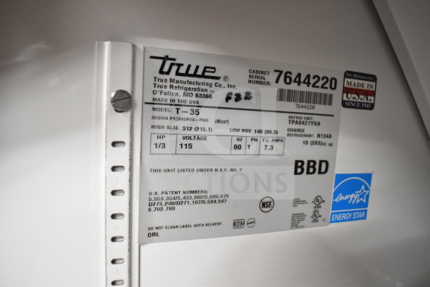 True T-35 Commercial 2 Door Reach In Cooler label showing specs: 115 volts, 1 phase, Energy Star certified.