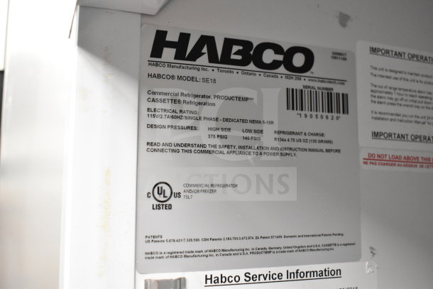 2019 Habco SE18 Commercial Single Door Reach-In Cooler, 115V, 1 Phase. Label shows model and electrical specifications.