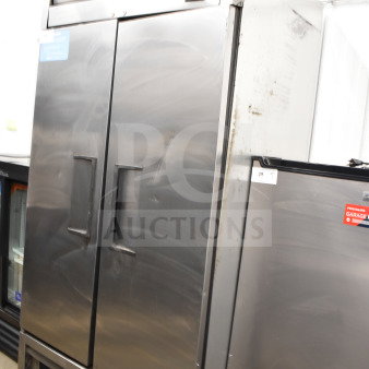 2020 True T-35-HC Commercial 2 Door Reach-In Cooler, stainless steel, 115 volts, 1 phase, visible wear marks.