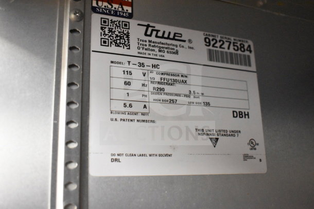 2020 True T-35-HC cooler label showing model, voltage, refrigerant, and serial number. 115V, 1 phase, R290 refrigerant.