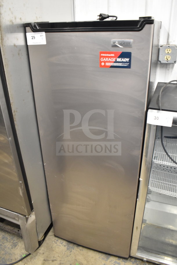 Frigidaire EFRF698-C Single Door Reach In Freezer, stainless steel, 115 Volts, 1 Phase, visible "Garage Ready" label.