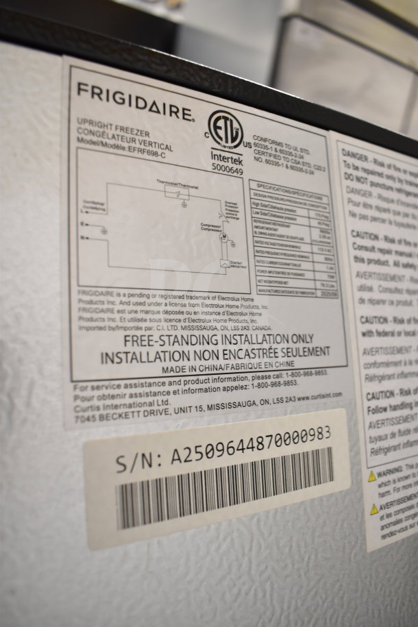 Frigidaire EFRF698-C Single Door Reach In Freezer, 115V, 1 Phase. Serial number visible on label.