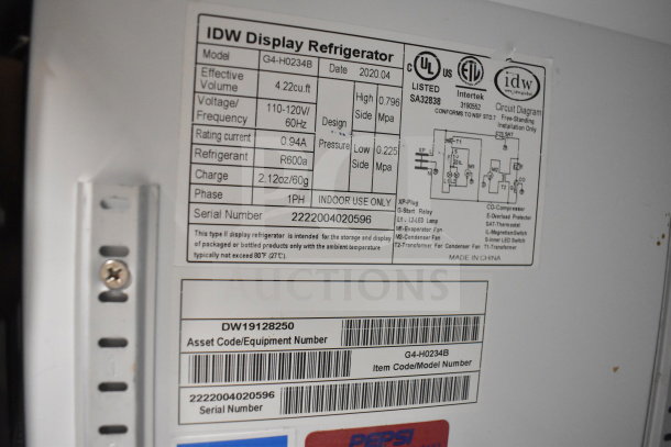 IDW G4-H0234B commercial reach-in cooler tag with specs: 115 volts, 1 phase, 4.22 cu.ft., R600a refrigerant, indoor use.