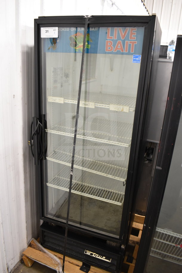 True GDM-12 commercial single door cooler, clear glass door, four adjustable shelves, 115 volts, good condition.