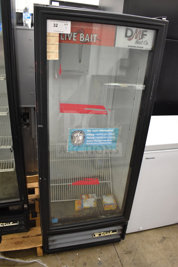 True GDM-12-LD commercial cooler merchandiser, single glass door, 115 volts, visible shelves, some wear, labels inside.