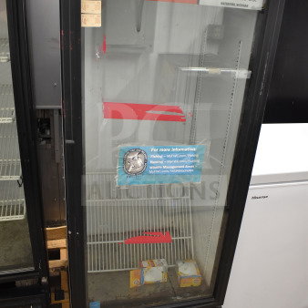 True GDM-12-LD commercial cooler merchandiser, single glass door, 115 volts, visible shelves, some wear, labels inside.