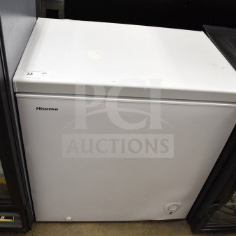 Hisense WFC070M6RWD chest freezer, white, 115 volts, 1 phase, in good condition. Markings show item number 33.