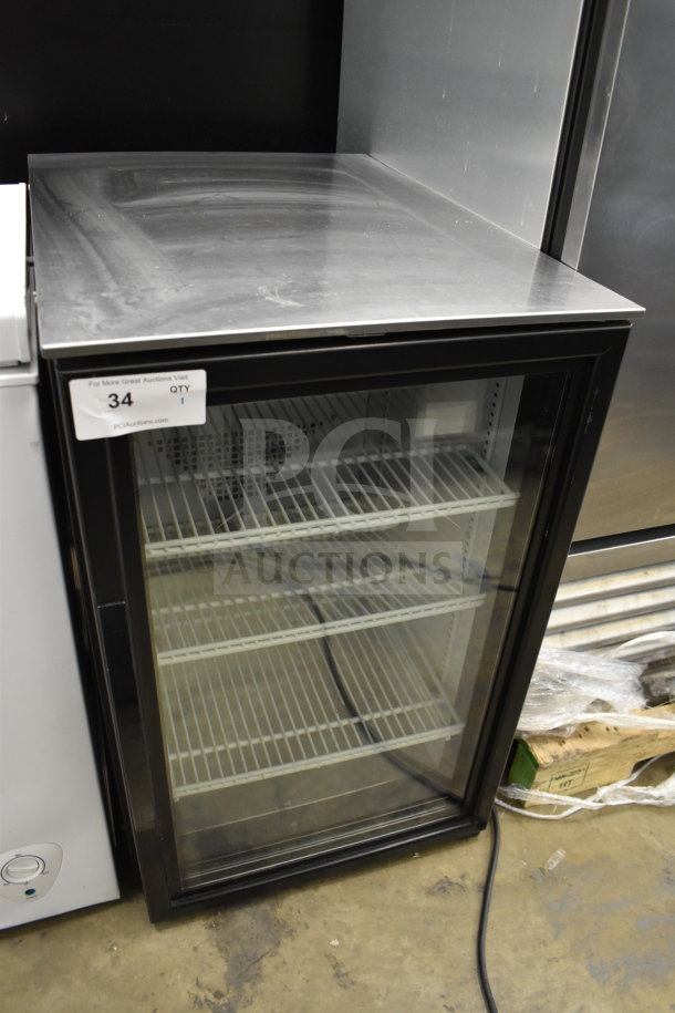 2018 True GDM-06-34-HC mini cooler merchandiser, single glass door, 115V, excellent condition, auction tag visible.