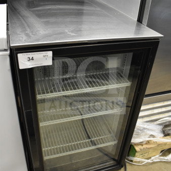 2018 True GDM-06-34-HC mini cooler merchandiser, single glass door, 115V, excellent condition, auction tag visible.