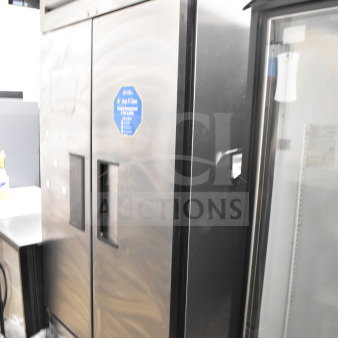2017 True T-35 Commercial 2 Door Reach In Cooler, stainless steel, 115V, 1 Phase, visible label indicating model.