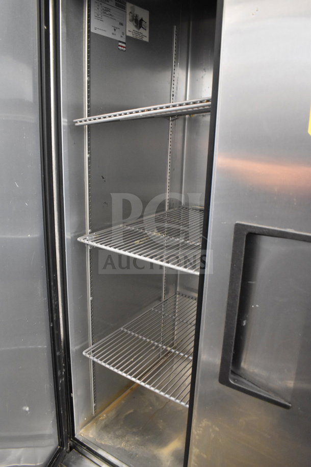2017 True T-35 Commercial 2 Door Cooler, stainless steel, 115V, 1 Phase, shelving visible, used condition.