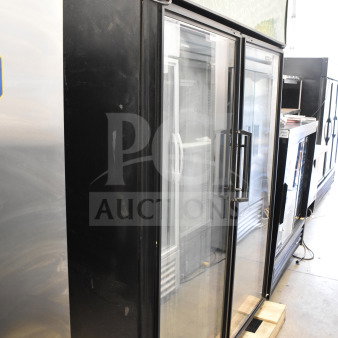 True GDM-52TM-RL-LD 2 Door Reach In Cooler Merchandiser, black exterior, glass doors, commercial use, 115V, good condition.