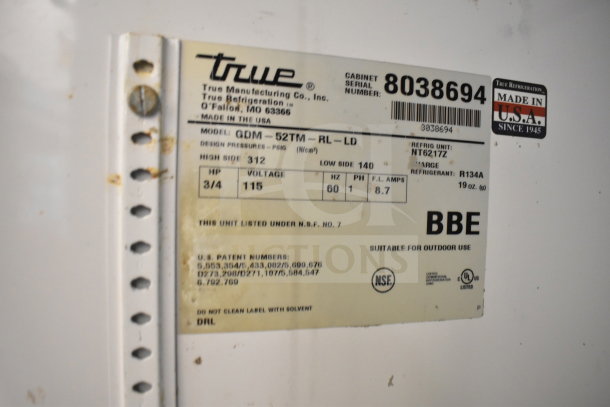 True GDM-52TM-RL-LD commercial cooler label; 115 volts, 1 phase, suitable for outdoor use, NSF certified.