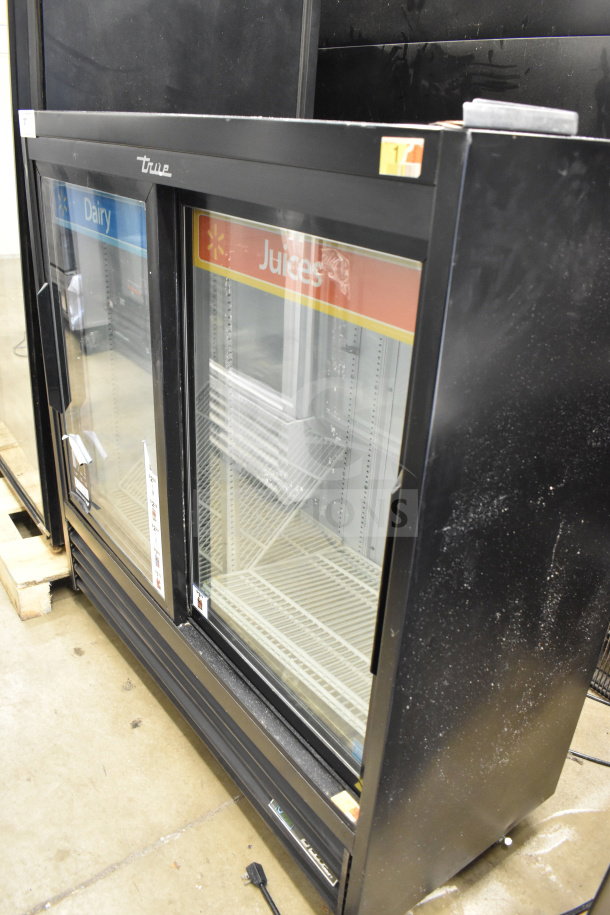 2018 True GDM-41SL-48-HC-LD commercial 2-door reach-in cooler, black exterior, glass doors, 115V, shelves visible.