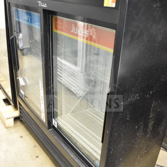 2018 True GDM-41SL-48-HC-LD commercial 2-door reach-in cooler, black exterior, glass doors, 115V, shelves visible.