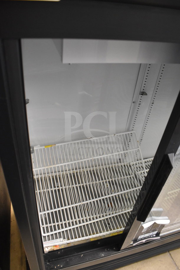 2018 True GDM-41SL-48-HC-LD cooler merchandiser, 2 glass doors, white interior, shelving visible, 115V, 1 Phase.